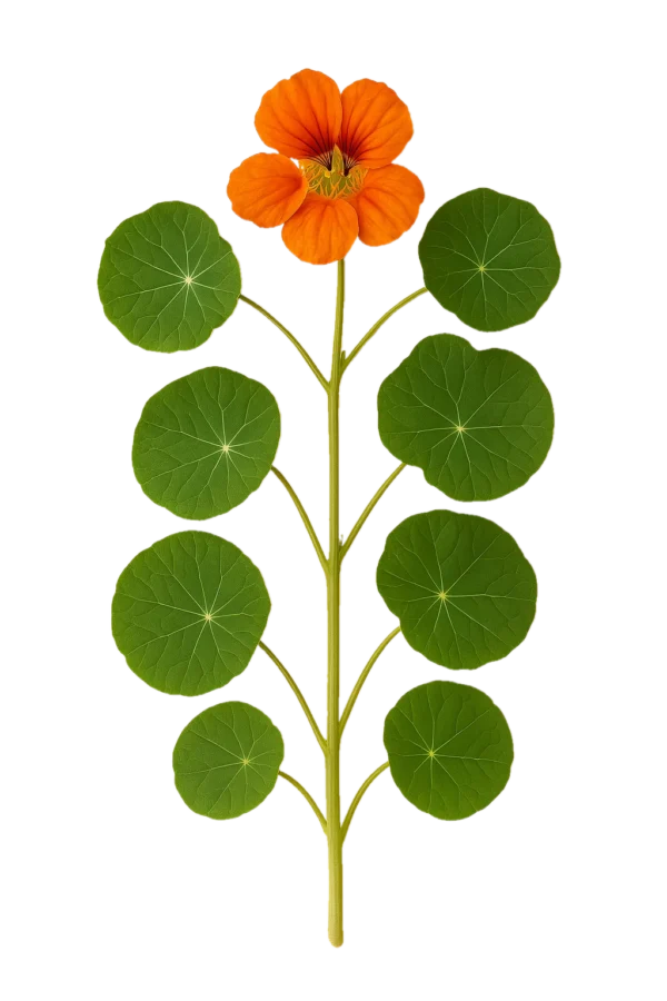 Calycarpa de floración con hojas verdes grandes y redondas y flor naranja en la parte superior, en un fondo claro y neutro.