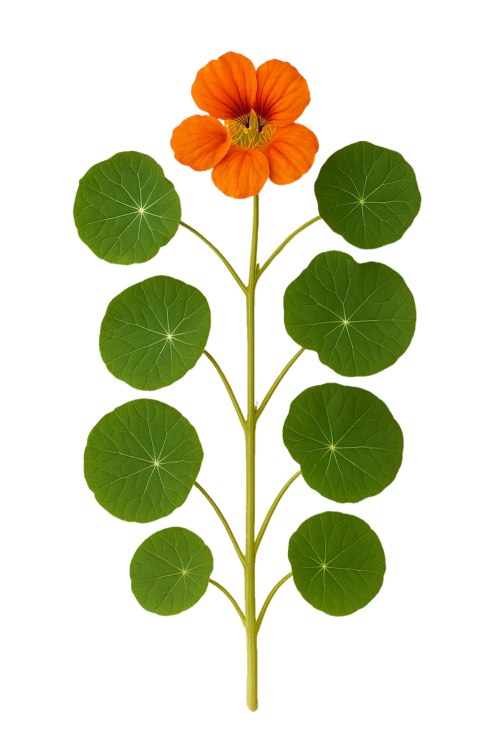 Calycarpa de floración con hojas verdes grandes y redondas y flor naranja en la parte superior, en un fondo claro y neutro.