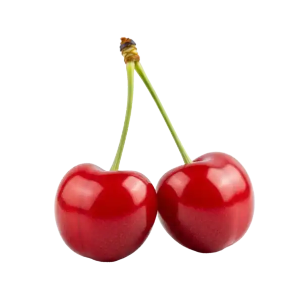 Cerezas rojas frescas y jugosas sobre fondo blanco, resaltando la calidad de productos ecológicos y bio del huerto.