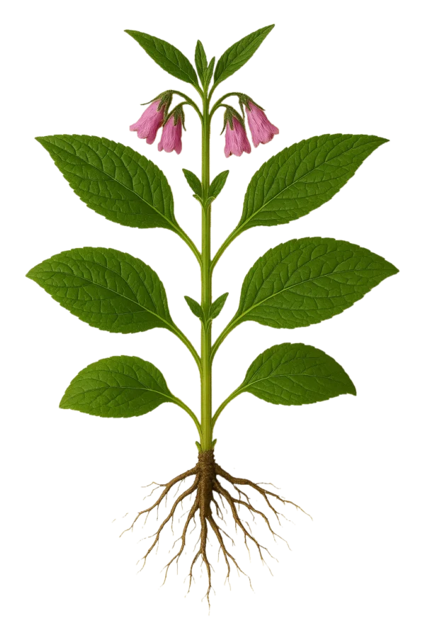 Hierba medicinal con flores rosadas, hojas verdes y raíces visibles, planta de jardín ecológico, cultivo orgánico, saludable y natural, ideal para huertos urbanos y cultivation biodinámica.