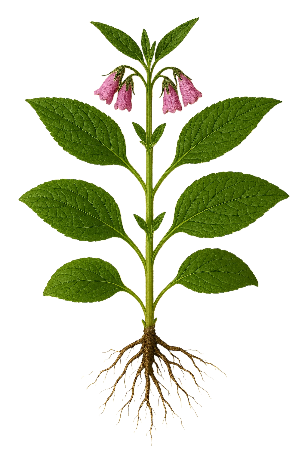 Hierba medicinal con flores rosadas, hojas verdes y raíces visibles, planta de jardín ecológico, cultivo orgánico, saludable y natural, ideal para huertos urbanos y cultivation biodinámica.