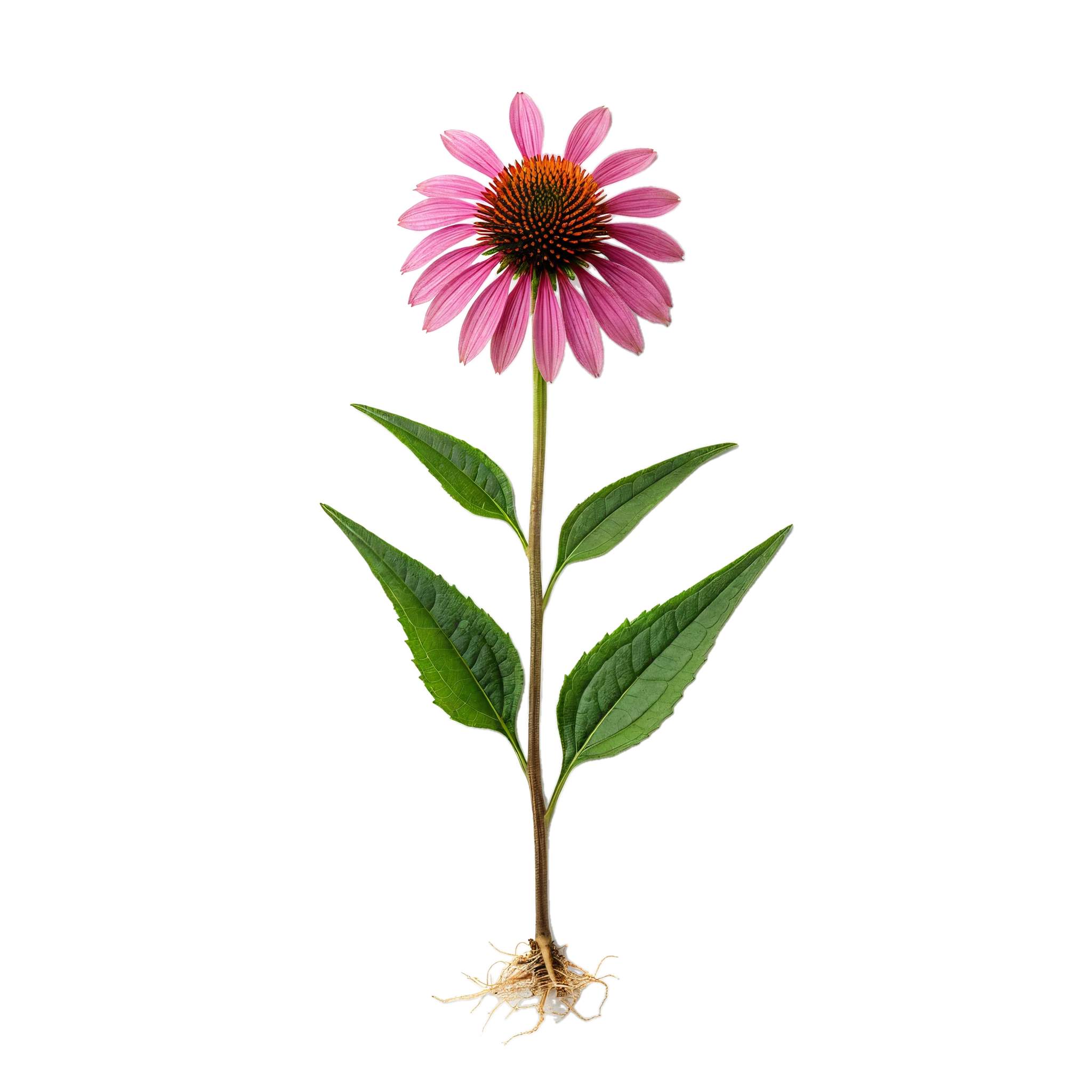 Vanda de la Echinacea purpurea, flor de echinacea con hojas verdes y raíces visibles, planta medicinal y herbolaria, cultivo ecológico, floreciente en horticultura bio.