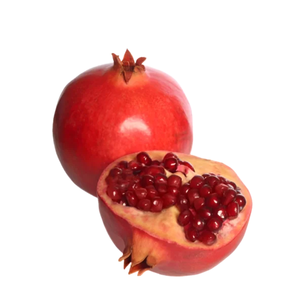 Jugos de granada y granada entera frescos, saludables y naturales, ideales para una dieta equilibrada y análisis de antioxidantes, en un fondo blanco.