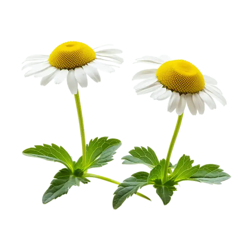 Flores de manzanilla ecológica con hojas verdes, enfoque en productos orgánicos para un huerto saludable y natural.