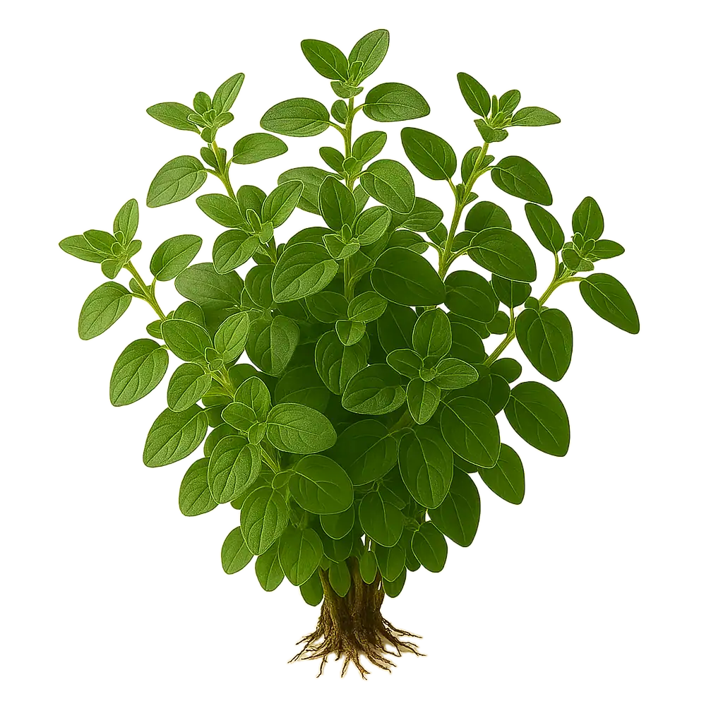 Hierba fresca de orégano con raíces visibles en fondo claro, ideal para cocina saludable y cultivo ecológico.