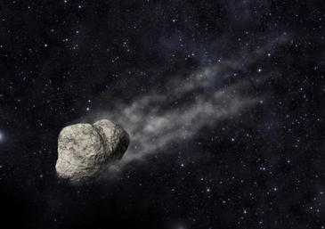 Cometa en el espacio con una roca y estrellas, escena astronómica, fondo del cosmos, imagen del universo.