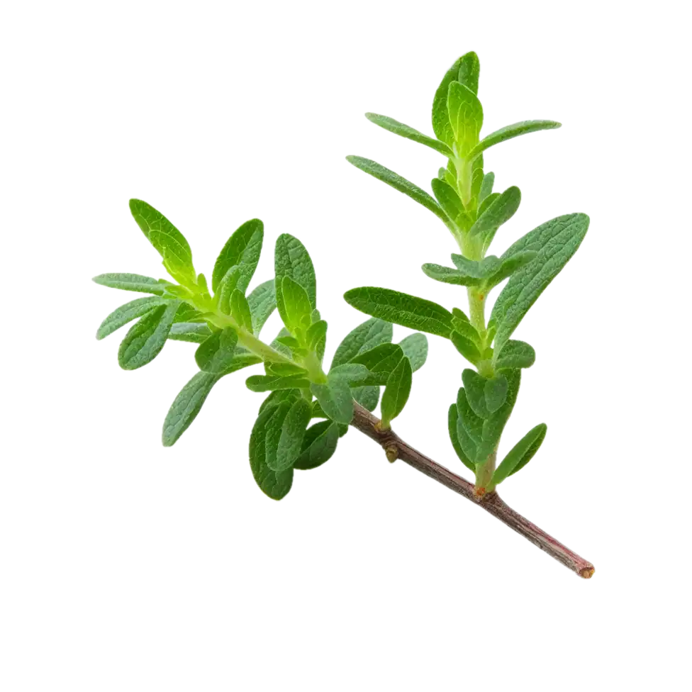 Rama de tomillo fresco con hojas verdes y aroma intenso, ideal para la cocina mediterránea y huertos ecológicos.