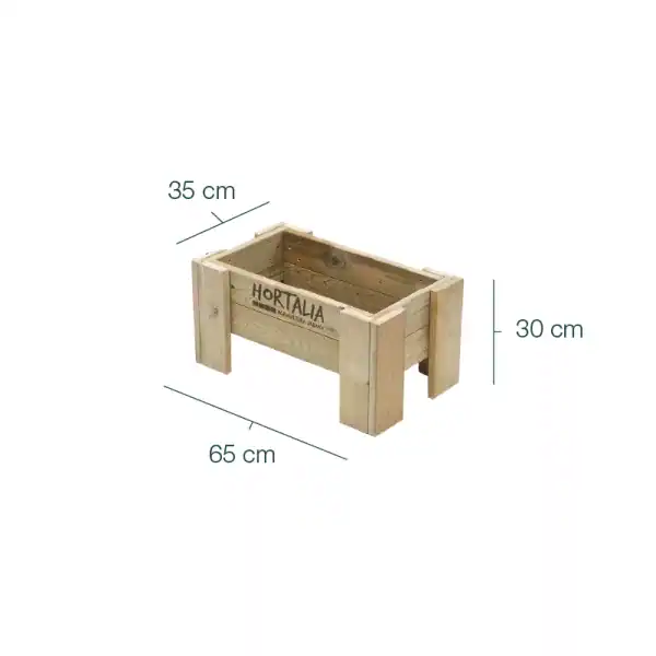 Maceta de madera para huerto en jardín, dimensiones 65x35x30 cm, ideal para cultivar verduras y plantas ecológicas, perfecta para jardineros y amantes de la agricultura orgánica.