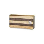 Mueble de almacenamiento en madera con paneles de fieltro para decoración de interiores y exteriores.