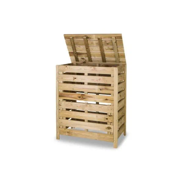 Macerra de madera para huerto urbano con tapa abatible para compost, reciclaje y almacenamiento de residuos orgánicos en huertos bio. Ideal para agricultura sostenible y compostaje ecológico.