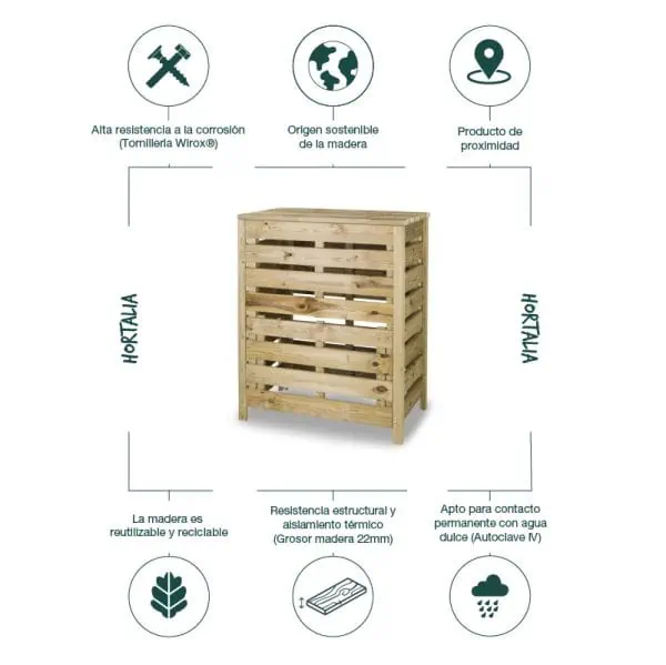 Madera de palets natural para mobiliario de huerto ecológico y sostenible en huerto.bio. Diseño resistente, ecológico y apto para contacto con agua, ideal para huertos urbanos y caseros.