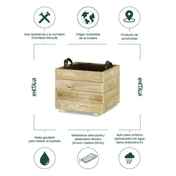 Técnica de cultivo en madera sostenible y resistente, ideal para huertos urbanos y proximidad, con capacidad de retener agua y soportar condiciones extremas, promoviendo un cultivo ecológico y respetuoso con el medio ambiente.