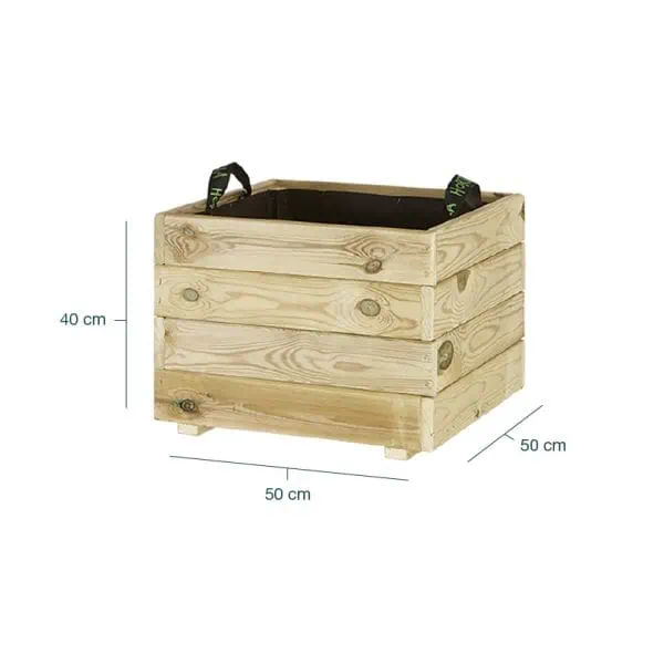 Contenedor de madera para huerto urbano con dimensiones de 50x50x40 cm, ideal para cultivar verduras y plantas en espacios pequeños, promoviendo agricultura ecológica y sostenible.