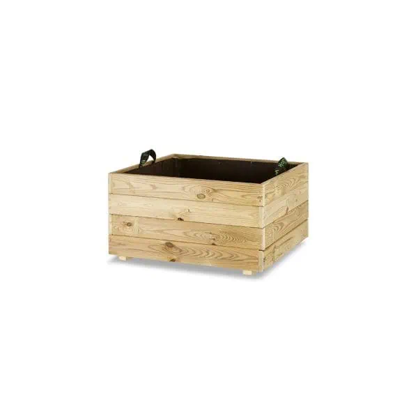 Contenedor de madera para huerto urbano, ideal para cultivar verduras y plantas de forma ecológica y sostenible en espacios pequeños.