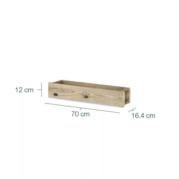 Jardín de madera con dimensiones de 70 cm de largo, 16.4 cm de ancho y 12 cm de alto, ideal para cultivo de huerto urbano y jardinería ecológica. Diseño resistente y natural en madera sin tratar.
