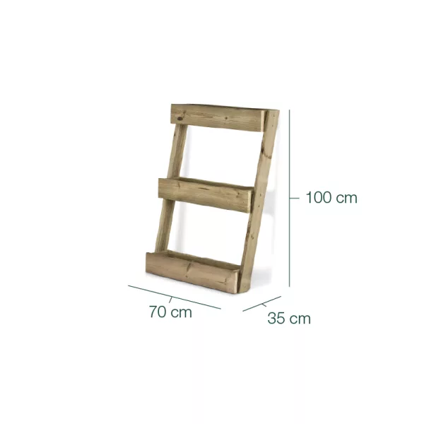Escalera de madera para huerto ecológico, ideal para jardinería y compostaje, resistente y con medidas de 70x35x100 cm, perfecta para un huerto orgánico y sostenible.