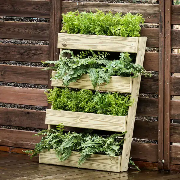 Hierba fresca y saludable en macetero de madera en huerto urbano ecológico. Cultivo de plantas en un espacio compacto y sostenible, ideal para huerto bio en casa.