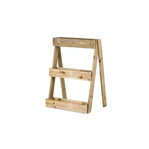 Mueble de madera para jardinería o almacenamiento, estructura en madera natural sin tratar, ideal para huertos urbanos y espacios verdes.