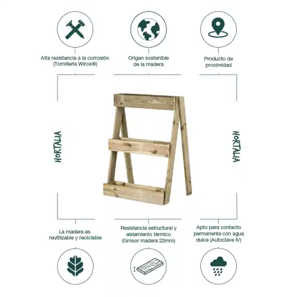 Tijera de madera para huerto ecológico, resistente y sostenible, ideal para jardinería orgánica y agricultura urbana, hecha con madera reciclada y duradera.