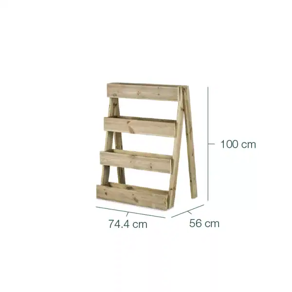 Mueble para huerto de madera con 3 niveles y estructura ligera, ideal para aeroponía o cultivo en casa. Medidas: 100 cm de alto, 74.4 cm de ancho, 56 cm de profundidad, resistente y ecológico.