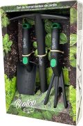 Set de herramientas de jardinería ecológicas para huerto, incluye paleta, azada y tenedor de plantación, ideales para cultivar en casa y promover la agricultura sostenible.