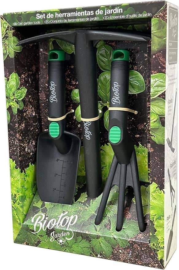 Set de herramientas de jardinería ecológicas para huerto, incluye paleta, azada y tenedor de plantación, ideales para cultivar en casa y promover la agricultura sostenible.
