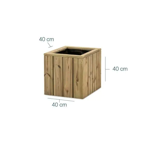Maceta de madera de cuatro lados con dimensiones de 40 cm x 40 cm x 40 cm, ideal para huertos urbanos y jardinería ecológica.