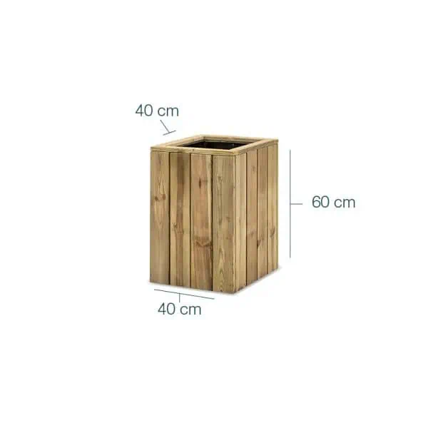 Contenedor de madera para jardinería, ideal para huertos urbanos y cultivo ecológico, con medidas de 40x40x60 cm, resistente y decorativo para espacios exteriores.