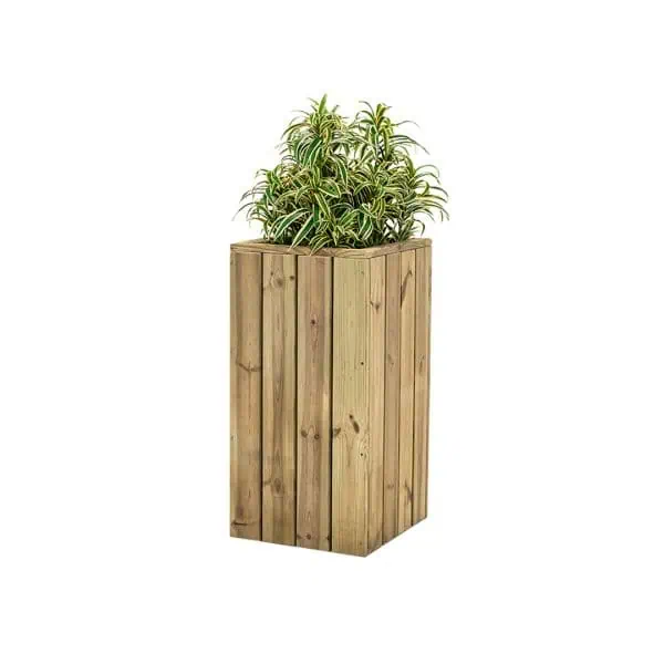 Jardín vertical de madera con planta decorativa en maceta, ideal para espacios naturales y ecológicos.