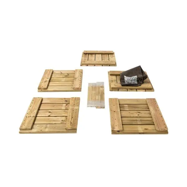 Tablas de madera para huerto urbano con accesorios y protección en kit completo.
