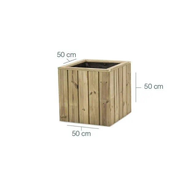 Contenedor de madera de 50x50x50 cm para huerto urbano, ideal para jardinería ecológica y cultivo de hortalizas, plantas y flores en espacios pequeños. Material resistente y diseño funcional.