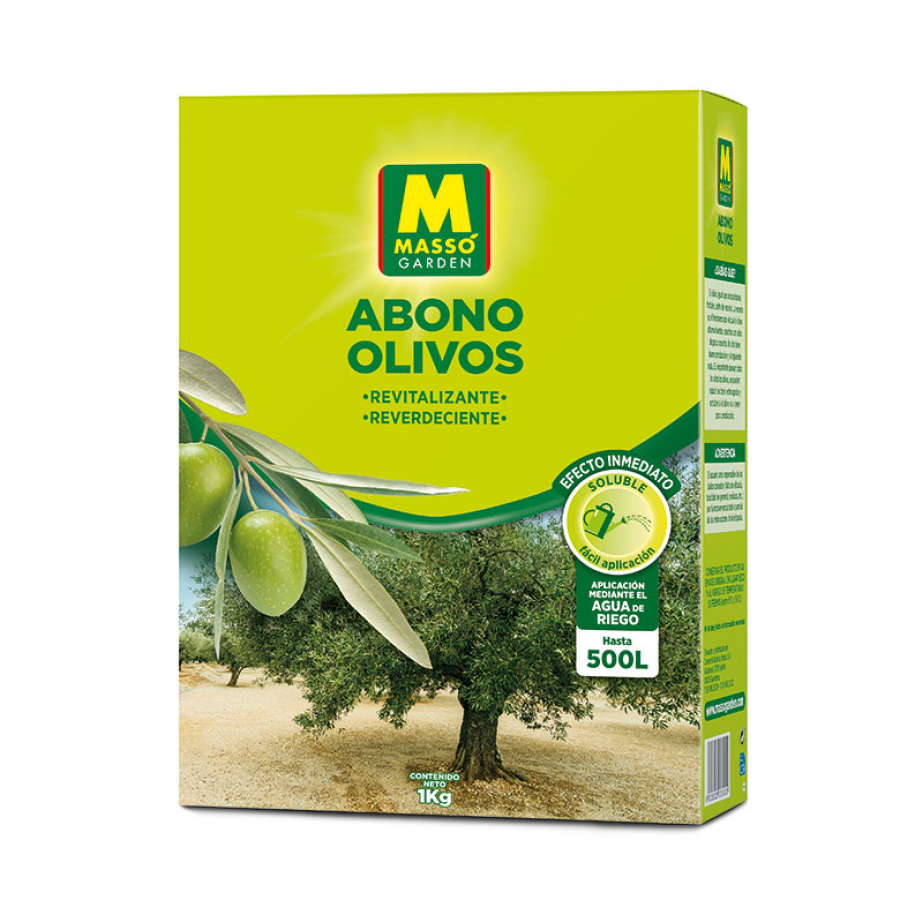 Abono orgánico para olivos, revitalizante y reverdencente, en formato soluble fácil de aplicar, ideal para fertilizar y mejorar el crecimiento de árboles de olivo en huertos ecológicos.
