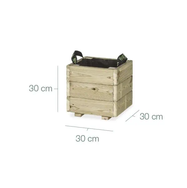 Maceta de madera de 30 cm x 30 cm x 30 cm para huerto urbano, ideal para cultivo ecológico y plantas en espacios pequeños, con diseño resistente y fácil de manejar.