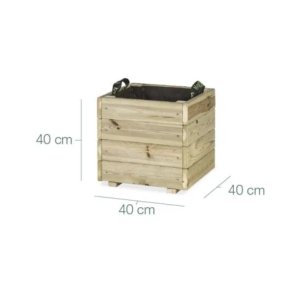 Contenedor de madera para huerto urbano de 40x40x40 cm, ideal para cultivar verduras y plantas en espacios pequeños, fomentando la agricultura ecológica y sustentable.