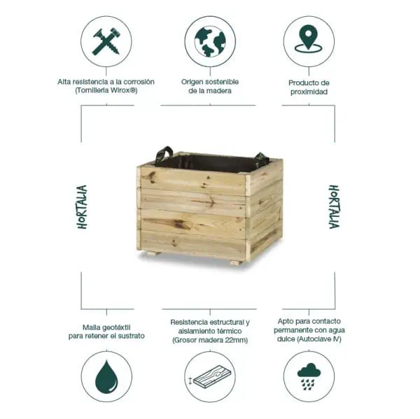 Vaso de madera para huerto urbano elaborado con madera sostenible, resistente a la corrosión y apto para contacto con agua, ideal para cultivar huertos ecológicos y sostenibles en casa.