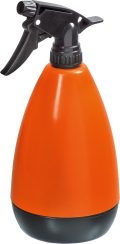 Rociador de jardín plástico naranja con gatillo negro, ideal para cuidado de plantas y huertos ecológicos.