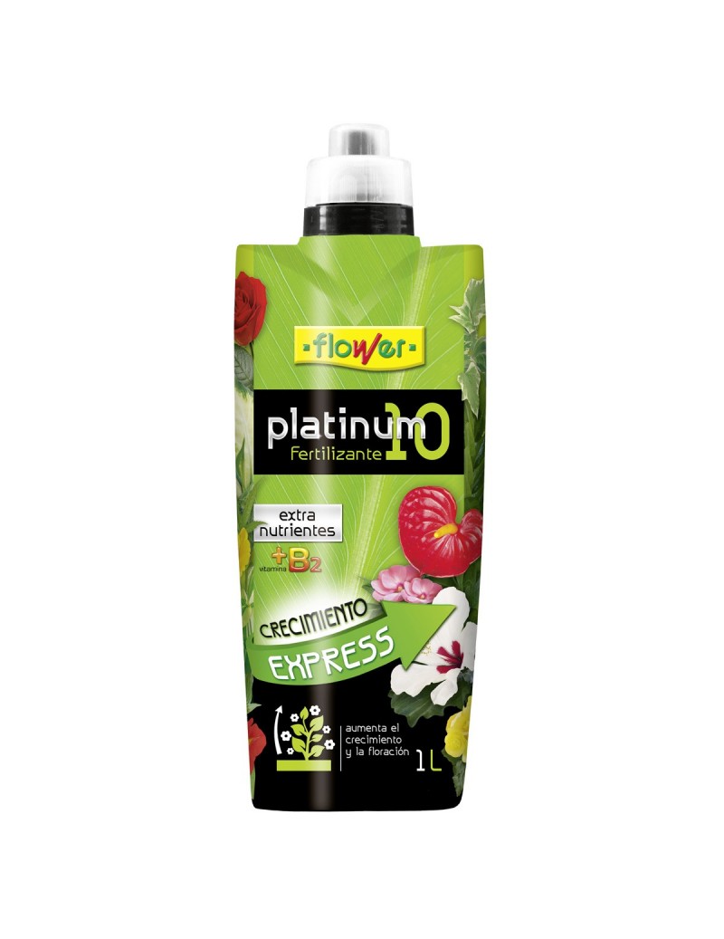 Fertilizante líquido Flower Platinum 10-10, fórmula avanzada con nutrientes extra y vitaminas B2 para cultivo en huertos ecológicos y jardinería, promoting plant growth.