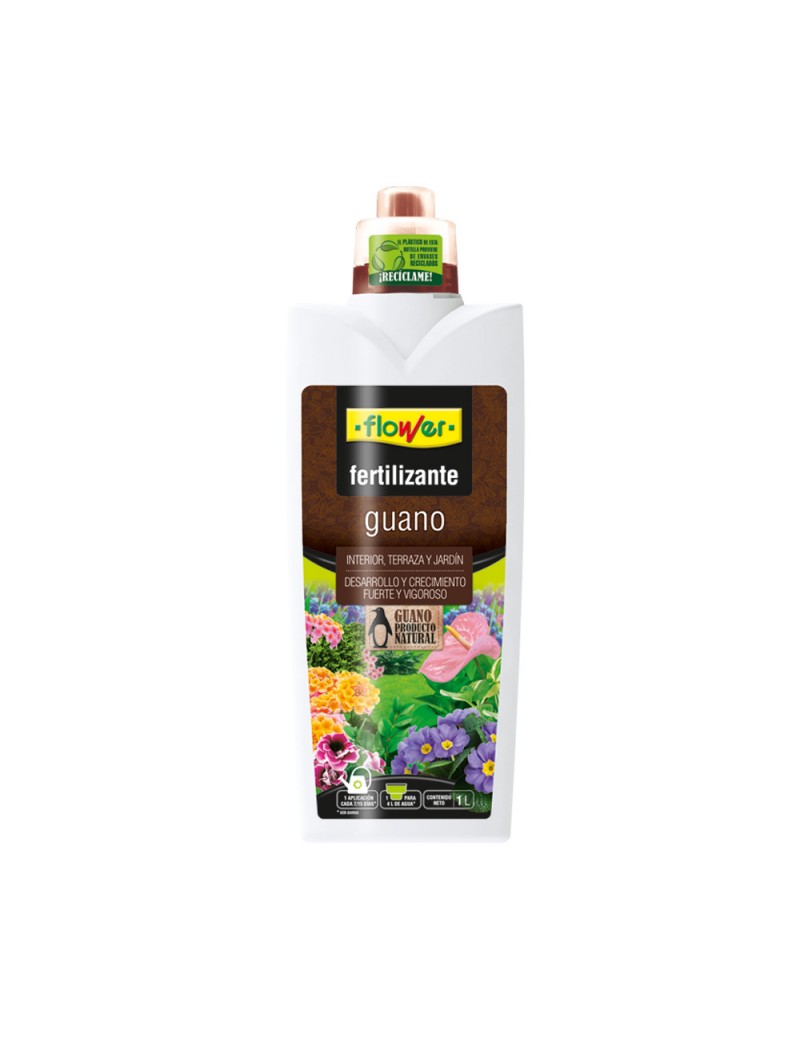 Fertilizante líquido para plantas con extracto de guano, ideal para potenciar el crecimiento fuerte y vigoroso en interior, terraza y jardín, promoviendo un desarrollo natural y saludable.
