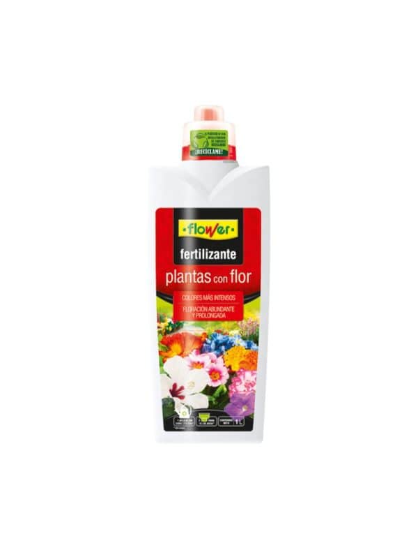 Fertilizante líquido para plantas con flor, enriquecido con nutrientes y floración abundante, ideal para jardinería ecológica y cuidado de plantas en huertos y jardines sustentables.
