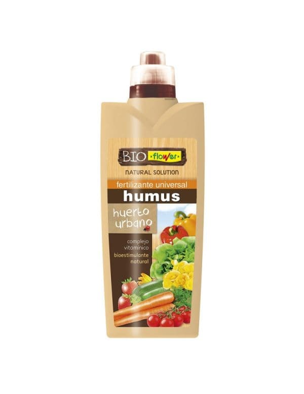 Fertilizante líquido para huerto urbano y jardín, con humus natural y bioestimulantes, ideal para promover un crecimiento saludable de plantas y hortalizas ecológicas, en envase práctico.