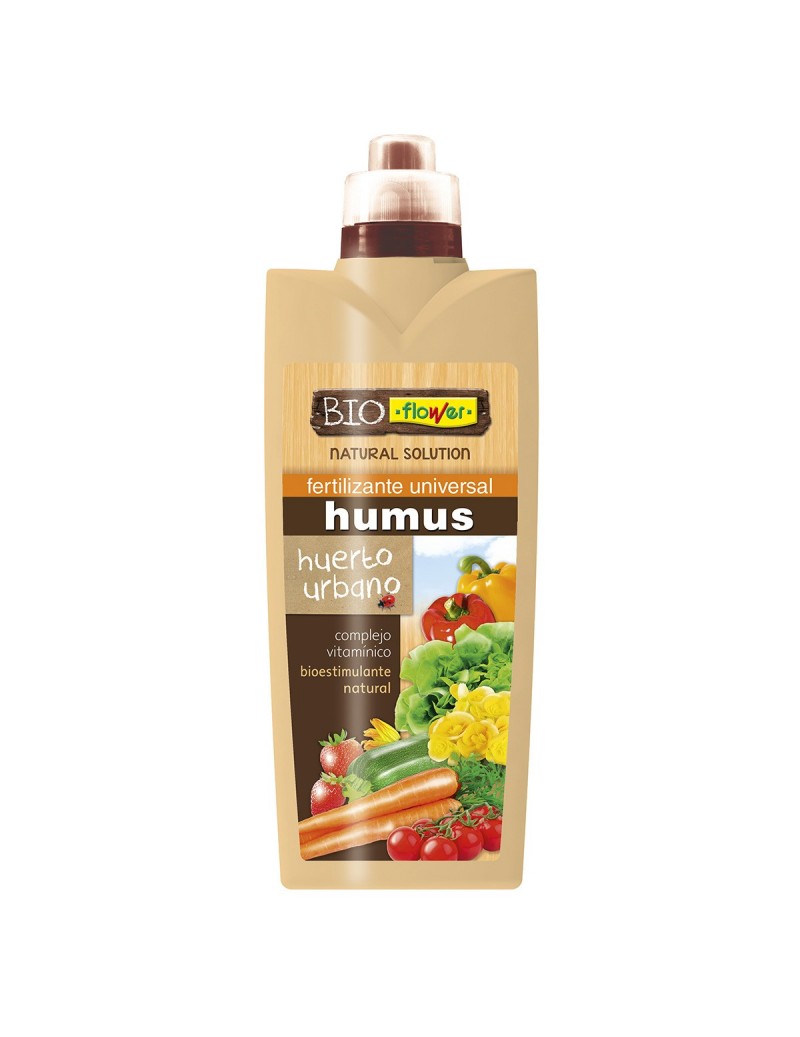 Fertilizante líquido para huerto urbano y jardín, con humus natural y bioestimulantes, ideal para promover un crecimiento saludable de plantas y hortalizas ecológicas, en envase práctico.