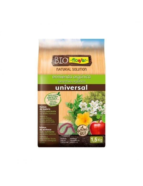 Mezcla orgánica de corrector ecológico universal para agricultura ecológica, contiene humus de lombriz y de minhoca, mejora las propiedades del suelo y es ideal para cultivo ecológico.