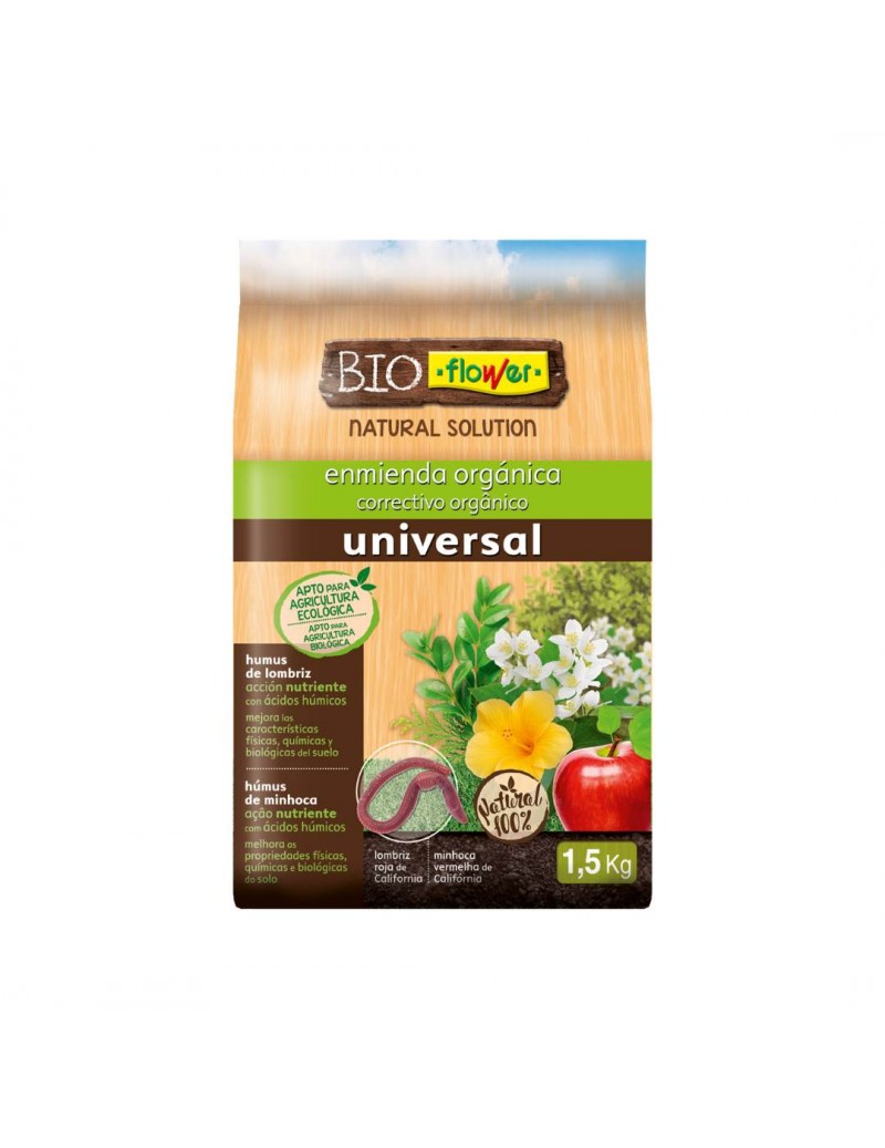 Mezcla orgánica de corrector ecológico universal para agricultura ecológica, contiene humus de lombriz y de minhoca, mejora las propiedades del suelo y es ideal para cultivo ecológico.