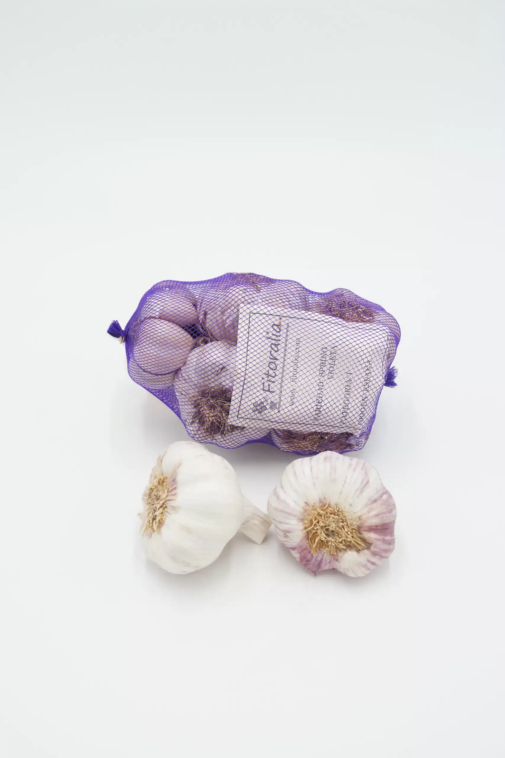 Ajos orgánicos de cosecha ecológica en malla morada para venta y consumo saludable en huerto.bio.