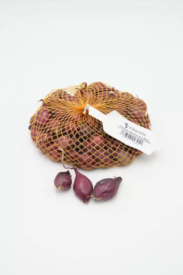 Cebollas rojas ecológicas de huerto bio en malla, saludables y frescas, ideal para cocinar platos tradicionales y ensaladas, cultivadas de forma sostenible y orgánica.