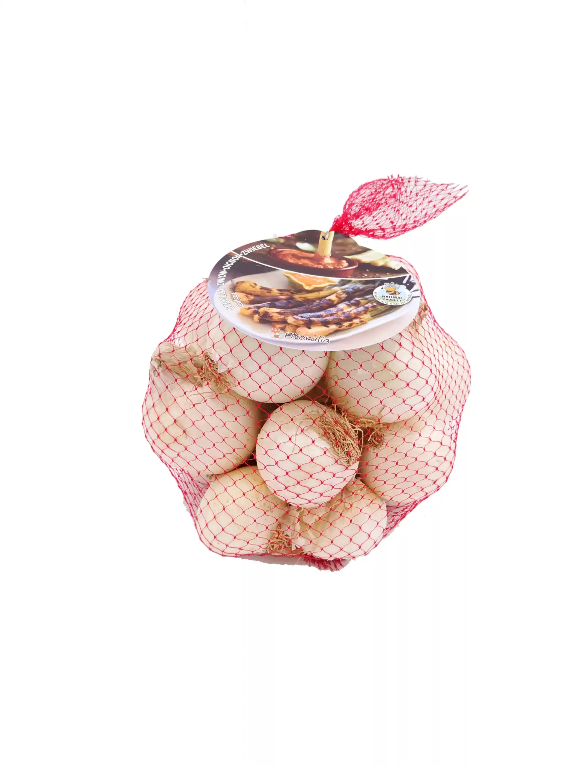 Bulbos de ajo ecológico en red de malla roja, ideales para cocinar con ingredientes naturales y saludables, en envase compacto para fácil conservación y uso en la cocina.