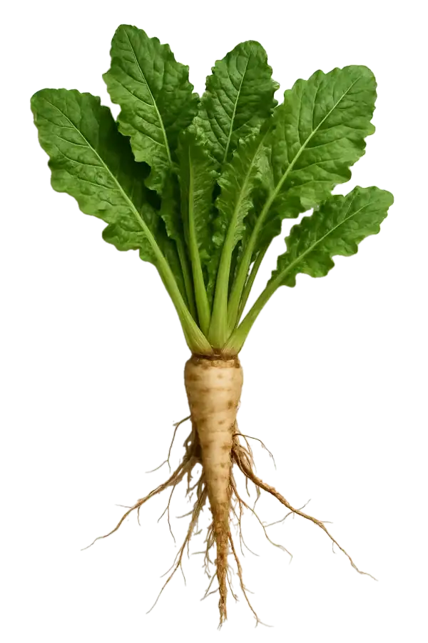 Rábano con hojas verdes y raíz visible, cultivo ecológico saludable, huerto.bio.