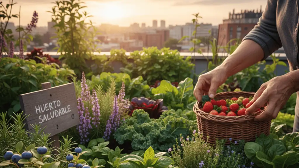 Huerto urbano con plantas medicinales como fresas, verduras y plantas aromáticas al atardecer, promoviendo agricultura ecológica y sostenibilidad en espacios pequeños.