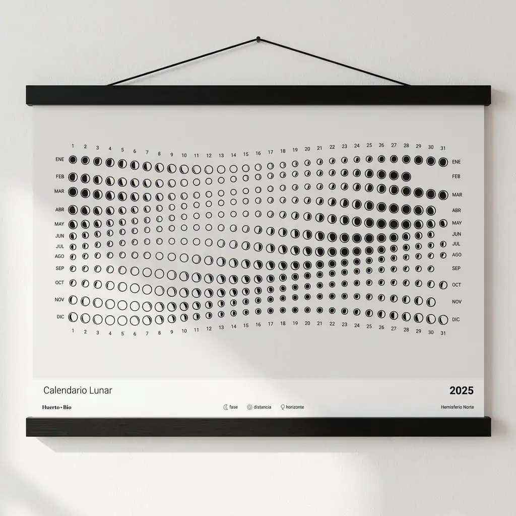 1. Calendario lunar para huerto y jardinería 2025, ideal para agricultura ecológica y cultivo orgánico, con fases de luna y consejos de siembra natural.