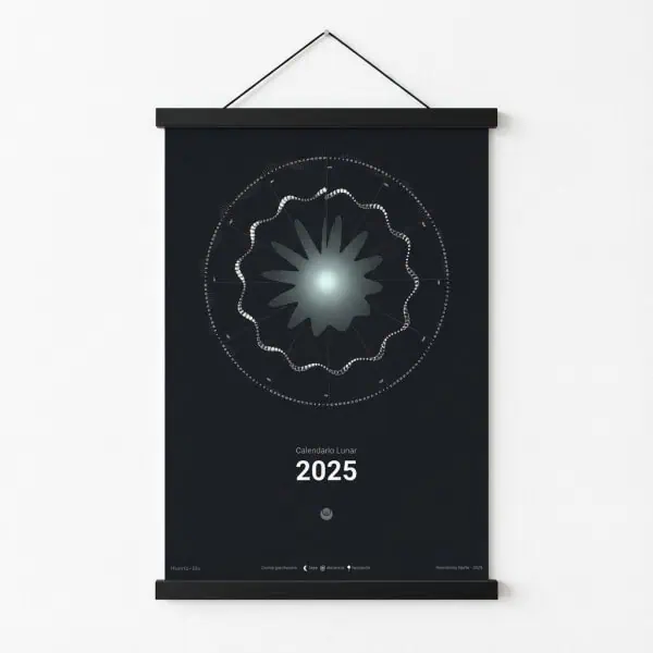 1. Póster del calendario lunar 2025 con diseño gráfico de la luna y elementos astronómicos para jardineros y amantes de la agricultura ecológica.